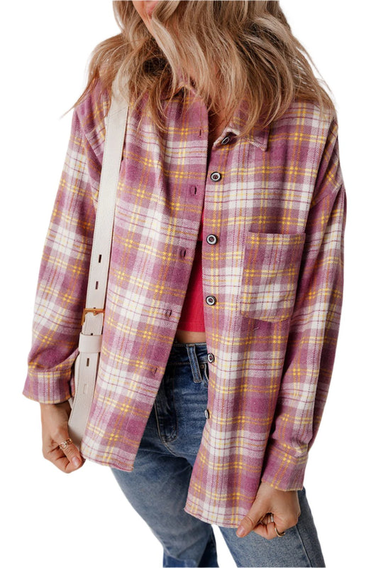 Pink Plaid Print Chest Pocket Long Sleeve Oversized  Shirt