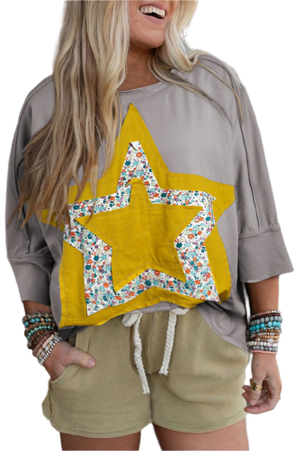 Grey Floral Starbust Exposed Seam Mineral Wash Top