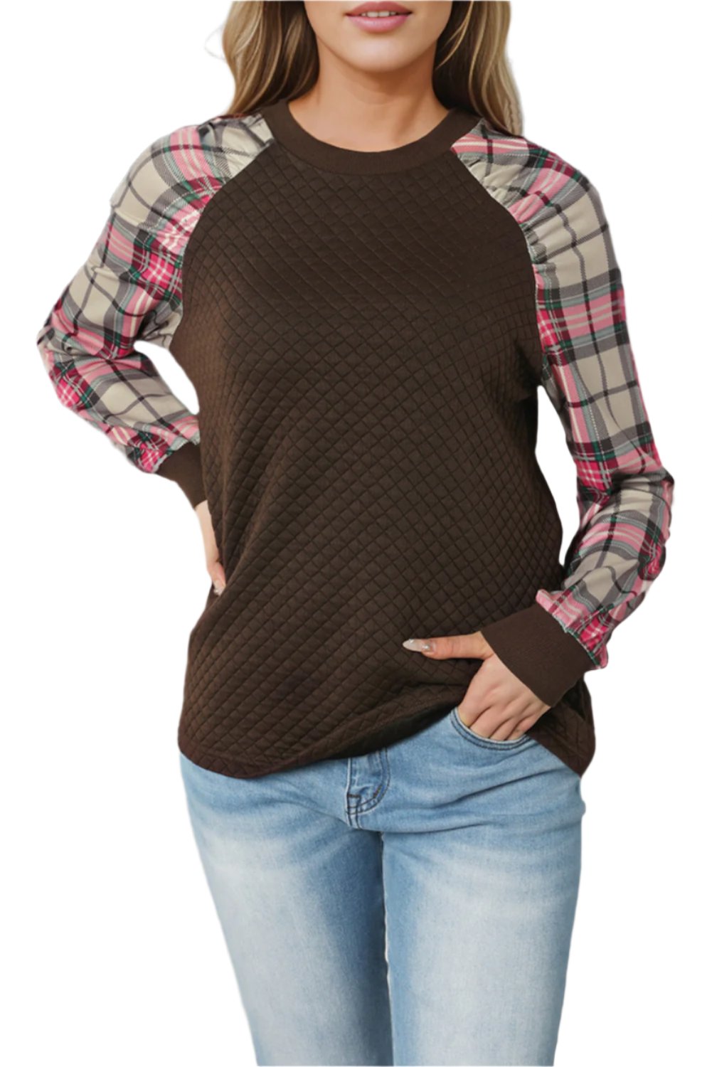 Brown Plaid Raglan Sleeve Sweatshirt Jo