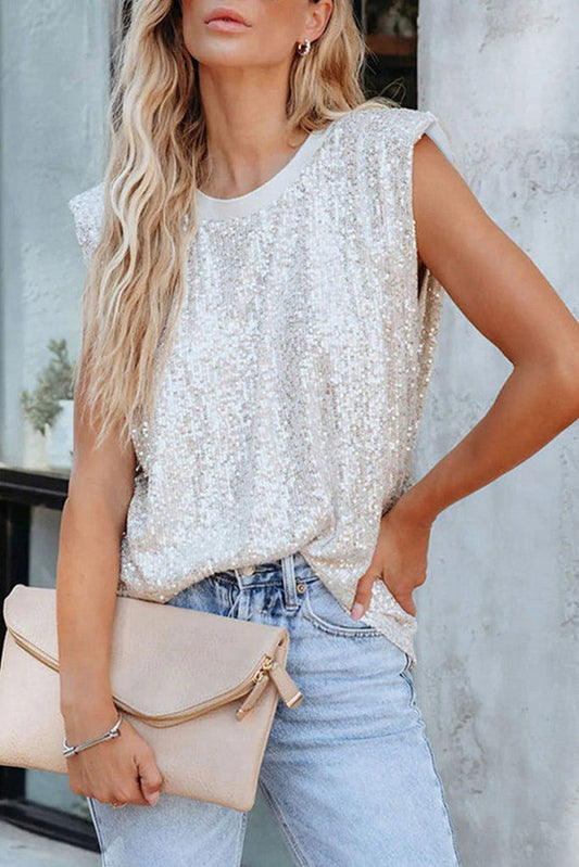 White Sequin Round Neck Sleeves Top