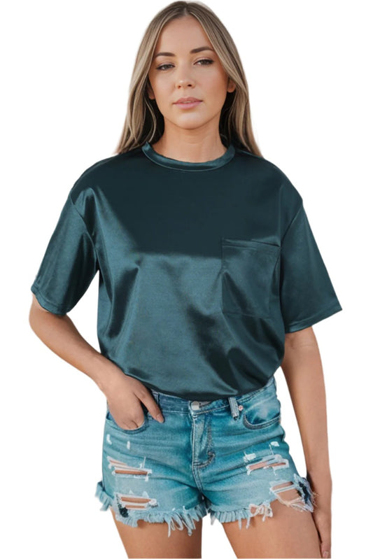 Hunter Green Chest Pocket Loose Fit Silky Top