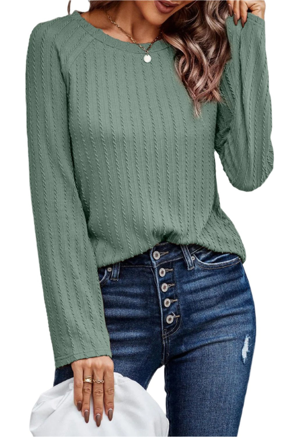 Green Ribbed Round Neck Knit Long Sleeve Top