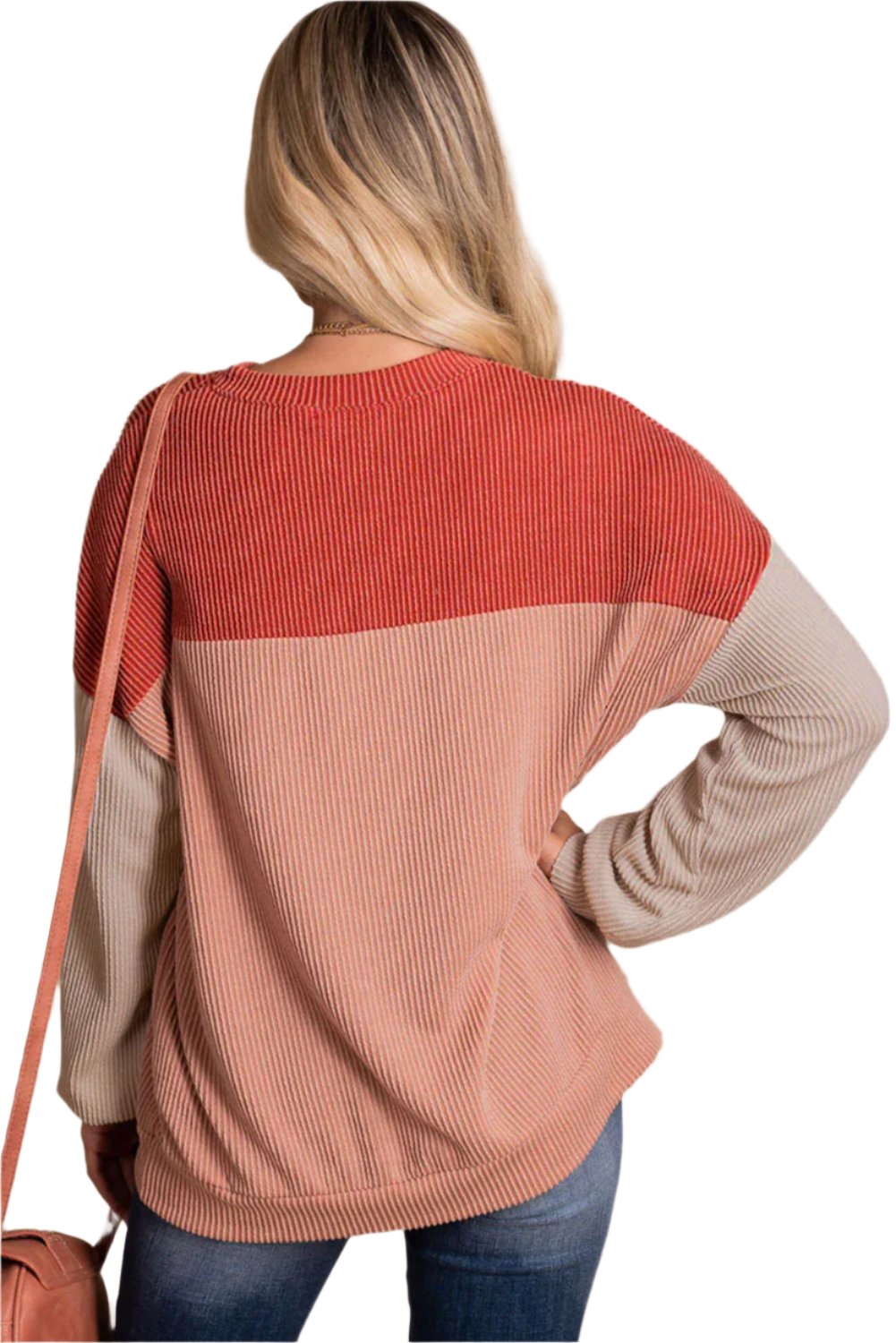 Red Color Block Long Sleeve Ribbed Loose Top