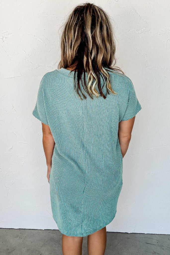 Teal Blue Striped Ribbed Knit  Shift Dress