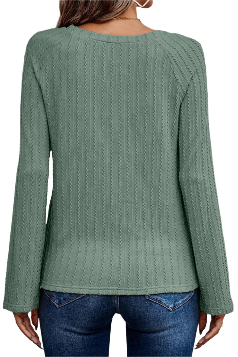 Green Ribbed Round Neck Knit Long Sleeve Top