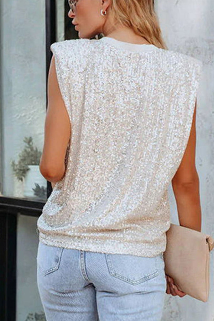 White Sequin Round Neck Sleeves Top