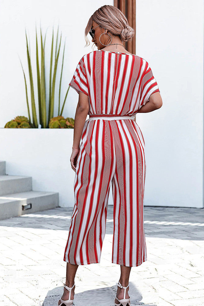 Bundle of Red V Neck Striped Loose Jumpsuit