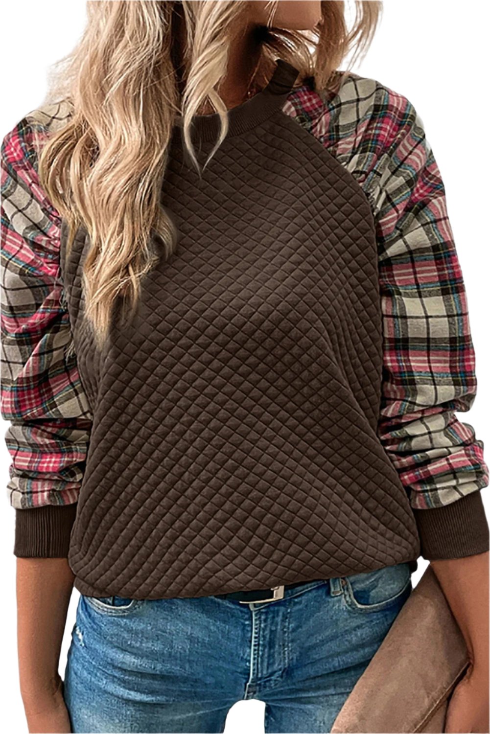 Brown Plaid Raglan Sleeve Sweatshirt Jo