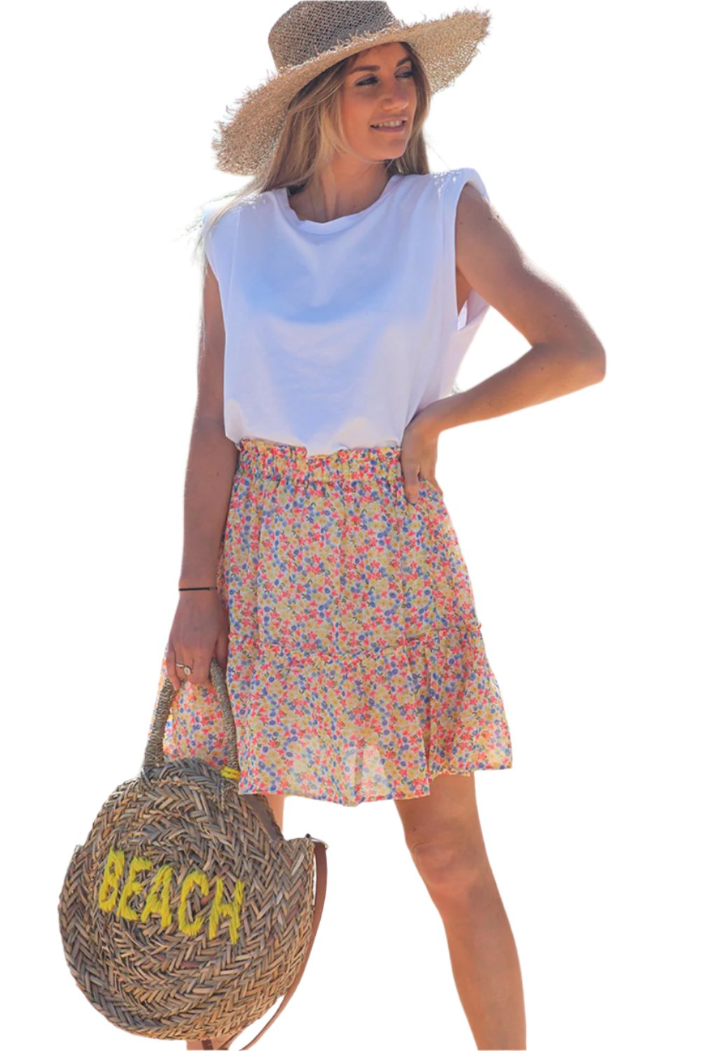 Floral Print Elastic Waist Skirt with Lining