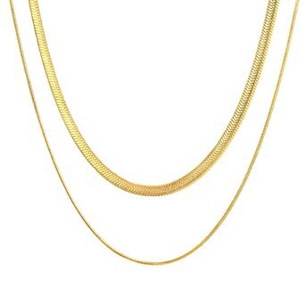 J-Waterproof,tarnish free,hypoallergenic DOUBLE HERRINGBONE 18K GOLD PLATED STAINLESS STEEL NECKLACE,