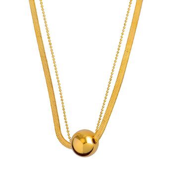 J-18K GOLD PLATED STAINLESS STEEL DOUBLE CHAIN  NECKLACE WITH GOLD BALL